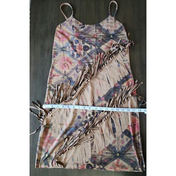 Y2K Kimika Ethnic Tribal Faux suede Shift Mini Dress w/ Fringe Euro Summer M - Picture 8 of 9